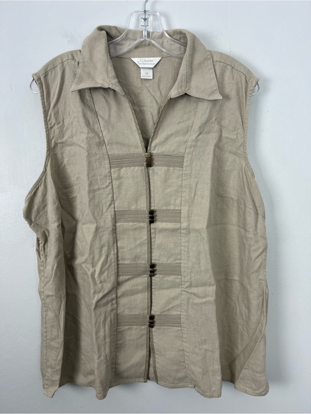 CJ Banks Sleeveless Button Front Linen Blend Top